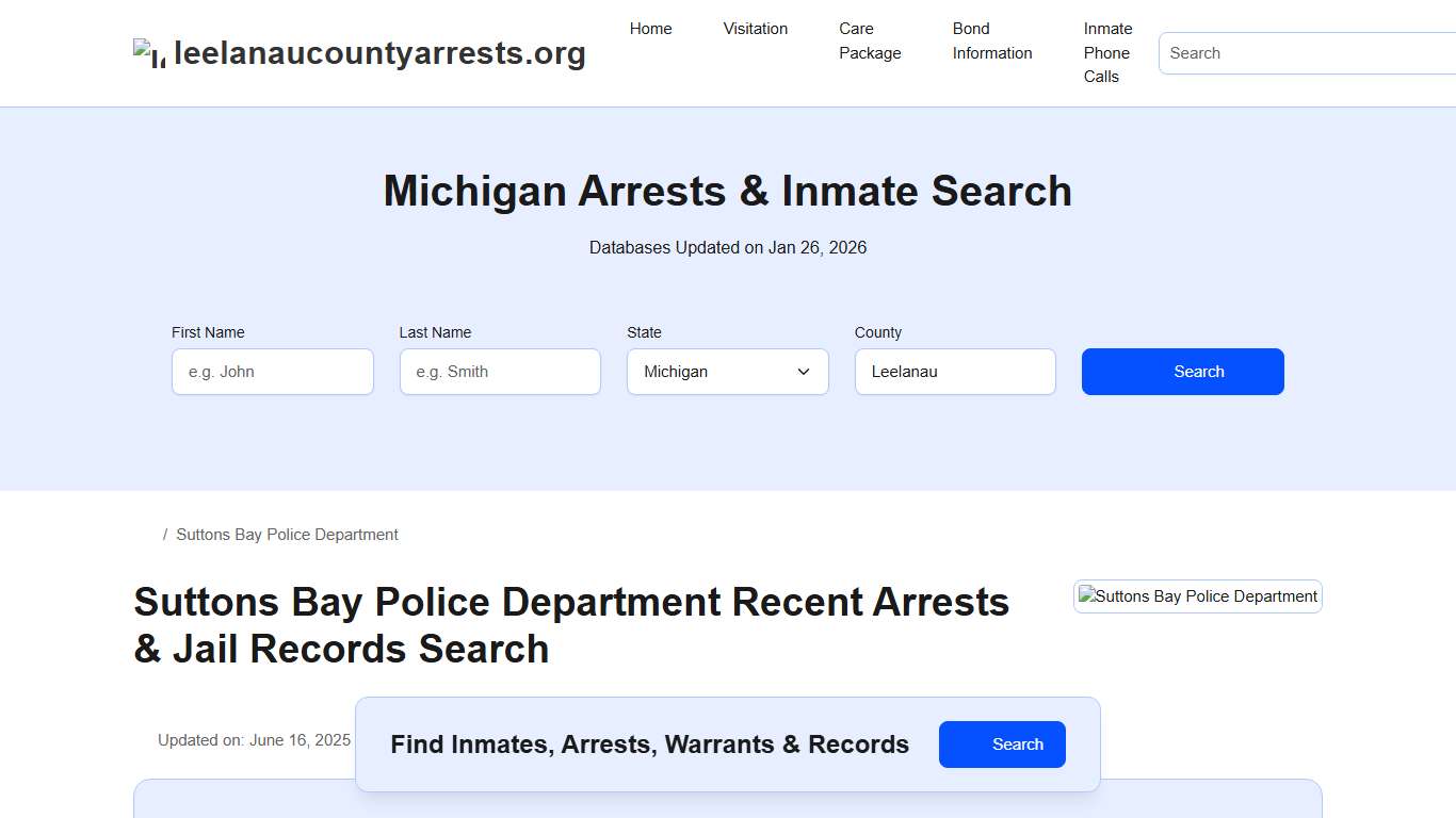 Suttons Bay Police Department, MI Arrests, Records, Jail Roster Lookup