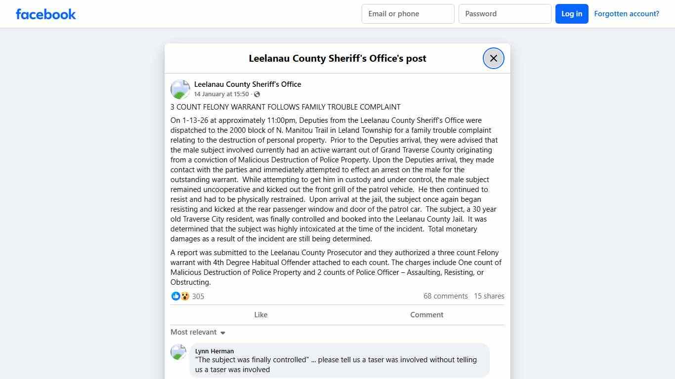 3 COUNT FELONY WARRANT... - Leelanau County Sheriff's Office Facebook